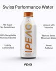 PEAQ Swiss Performance Water Balance Apricot bottle with key product features (no sugar, no sweeteners, 100% recyclable aluminum bottle, Swiss Mountain Water, infused with vitamins) on a white background