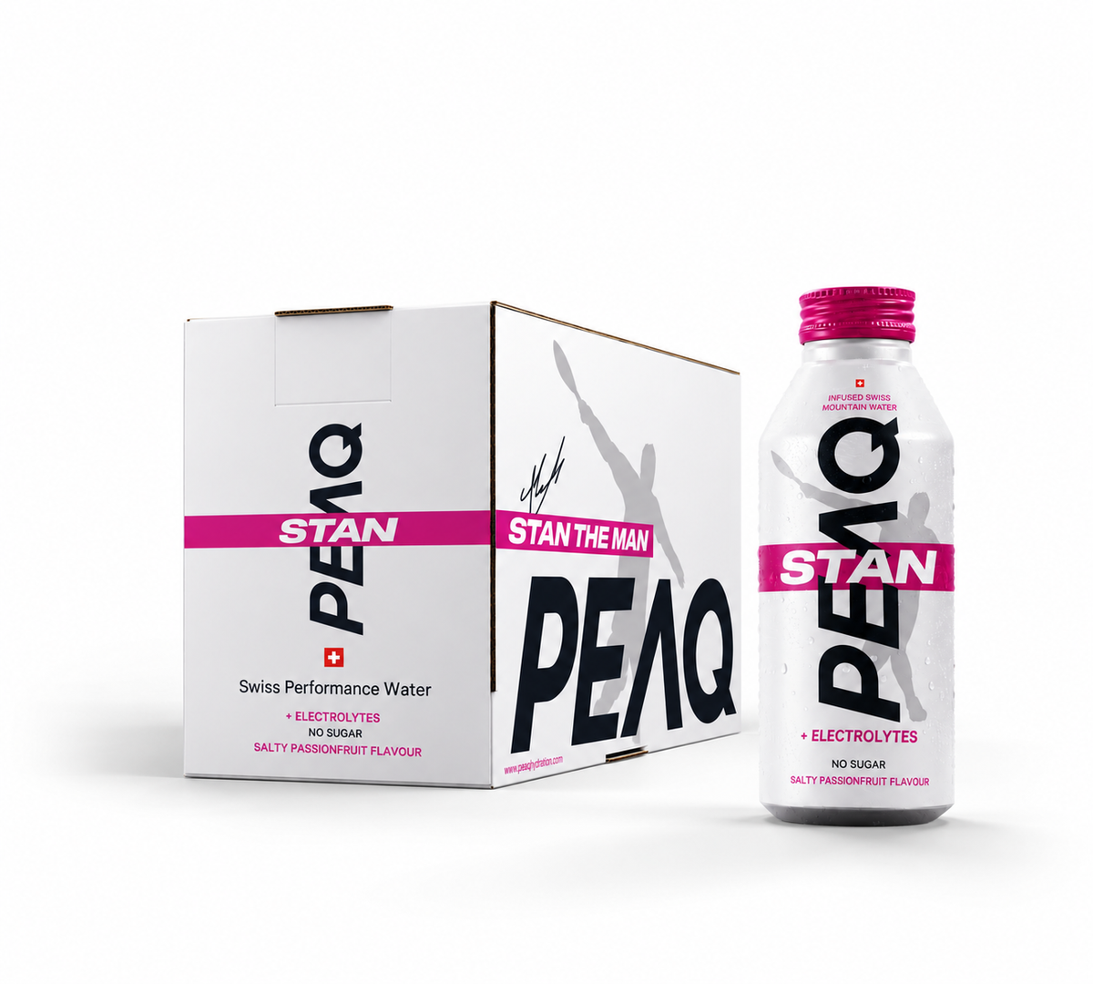 PEAQ STAN THE MAN Special Farewell Edition – 12-pack of Swiss Performance Water with electrolytes, salty passion fruit flavour and no sugar.