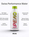 PEAQ Swiss Performance Water Mango-Pineapple bottle with key product features (no sugar, no sweeteners, 100% recyclable aluminum bottle, Swiss Mountain Water, infused with vitamins) on a white background