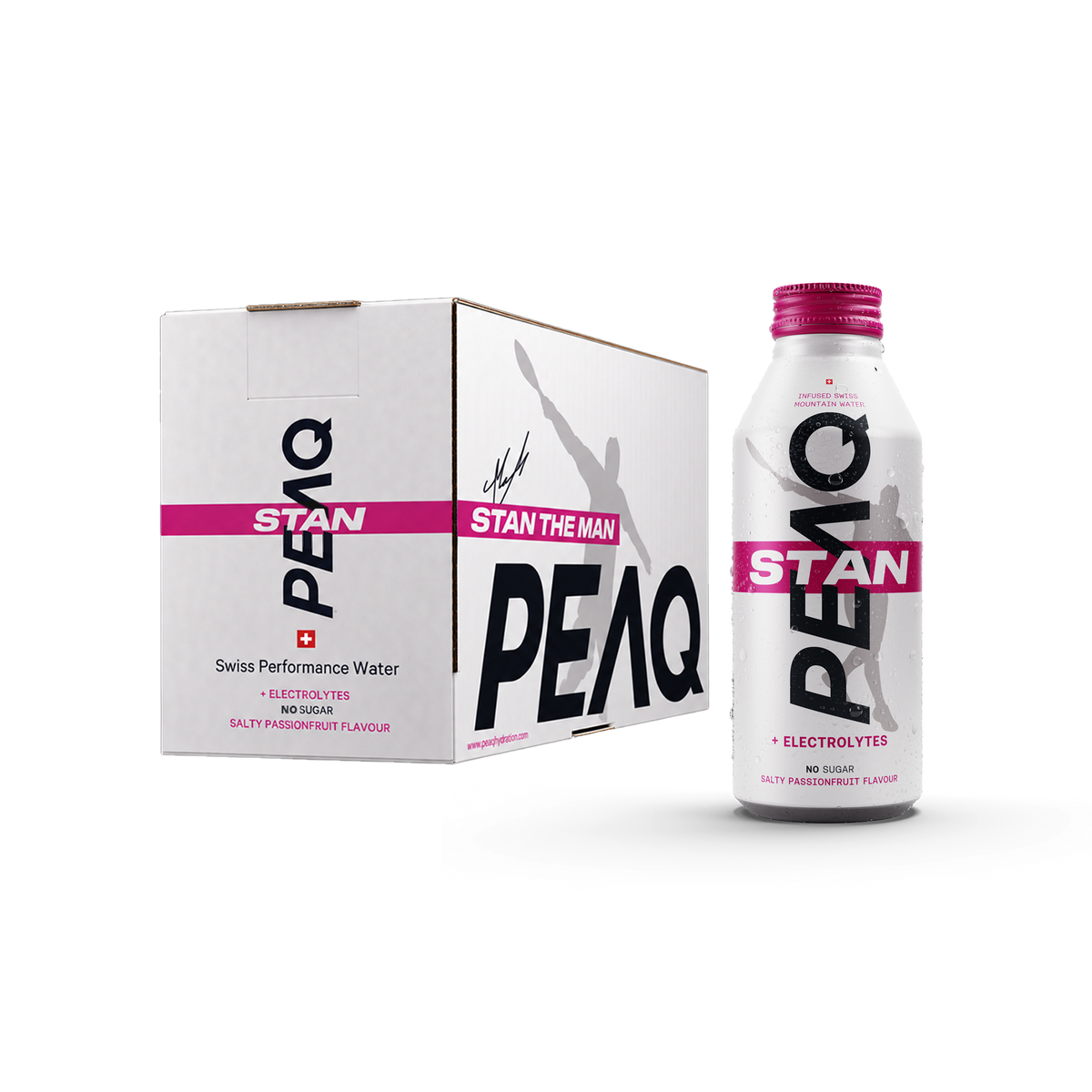 PEAQ STAN THE MAN Special Farewell Edition – 12-pack of Swiss Performance Water with electrolytes, salty passion fruit flavour and no sugar.