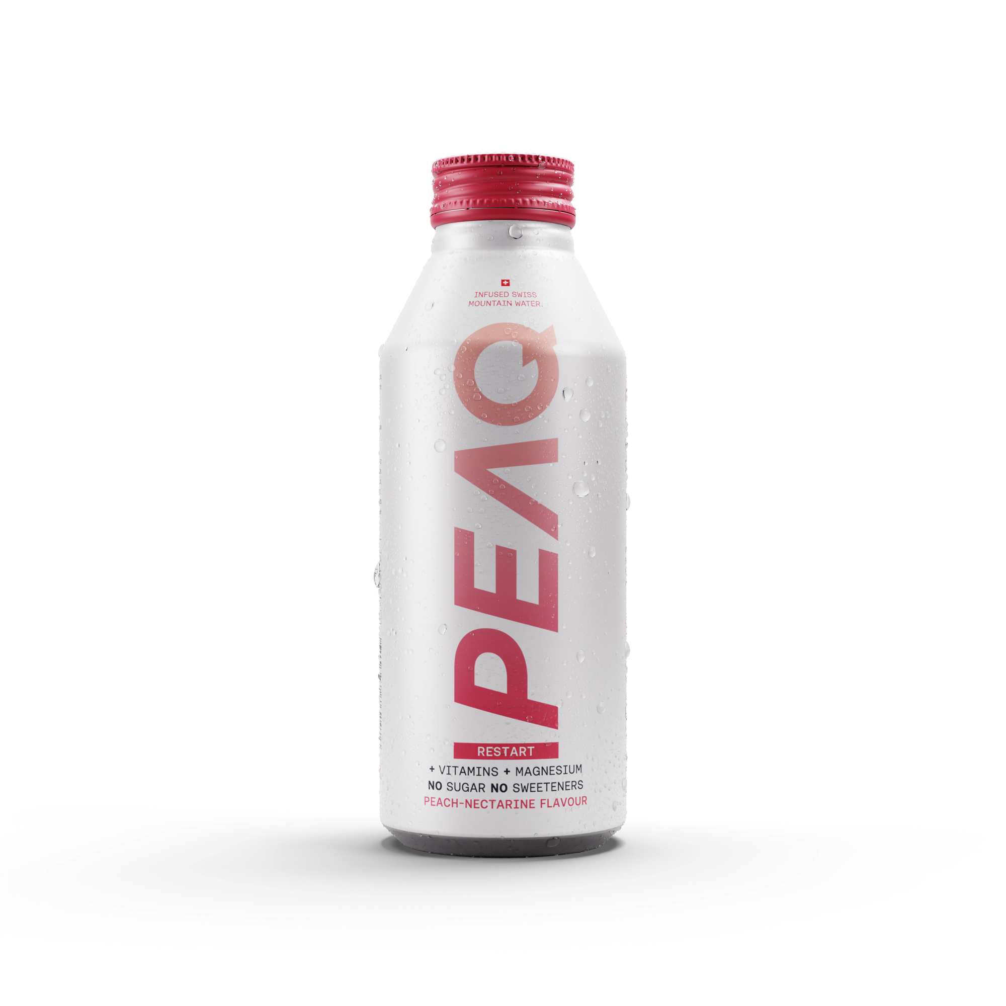 A bottle of PEAQ Peach-Nectarine sparkling water with a white label and red text.