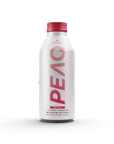 A bottle of PEAQ Peach-Nectarine sparkling water with a white label and red text.
