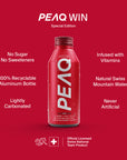 PEAQ Swiss Performance Water Win Cactus-Blackberry bottle with key product features (no sugar, no sweeteners, 100% recyclable aluminum bottle, Swiss Mountain Water, infused with vitamins) on a red background