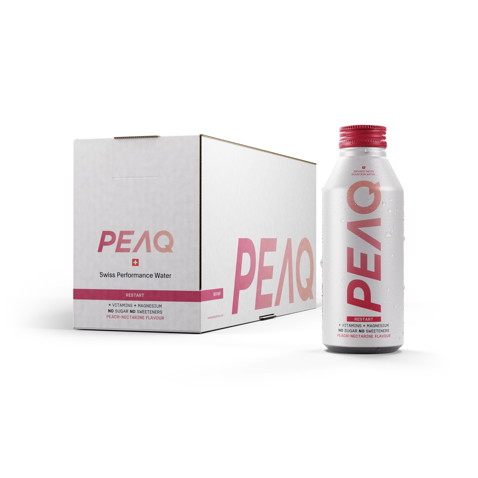 A PEAQ brand sparkling water bottle and a box with the PEAQ logo, indicating the product is Peach-Nectarine flavored.