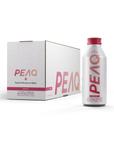 A PEAQ brand sparkling water bottle and a box with the PEAQ logo, indicating the product is Peach-Nectarine flavored.